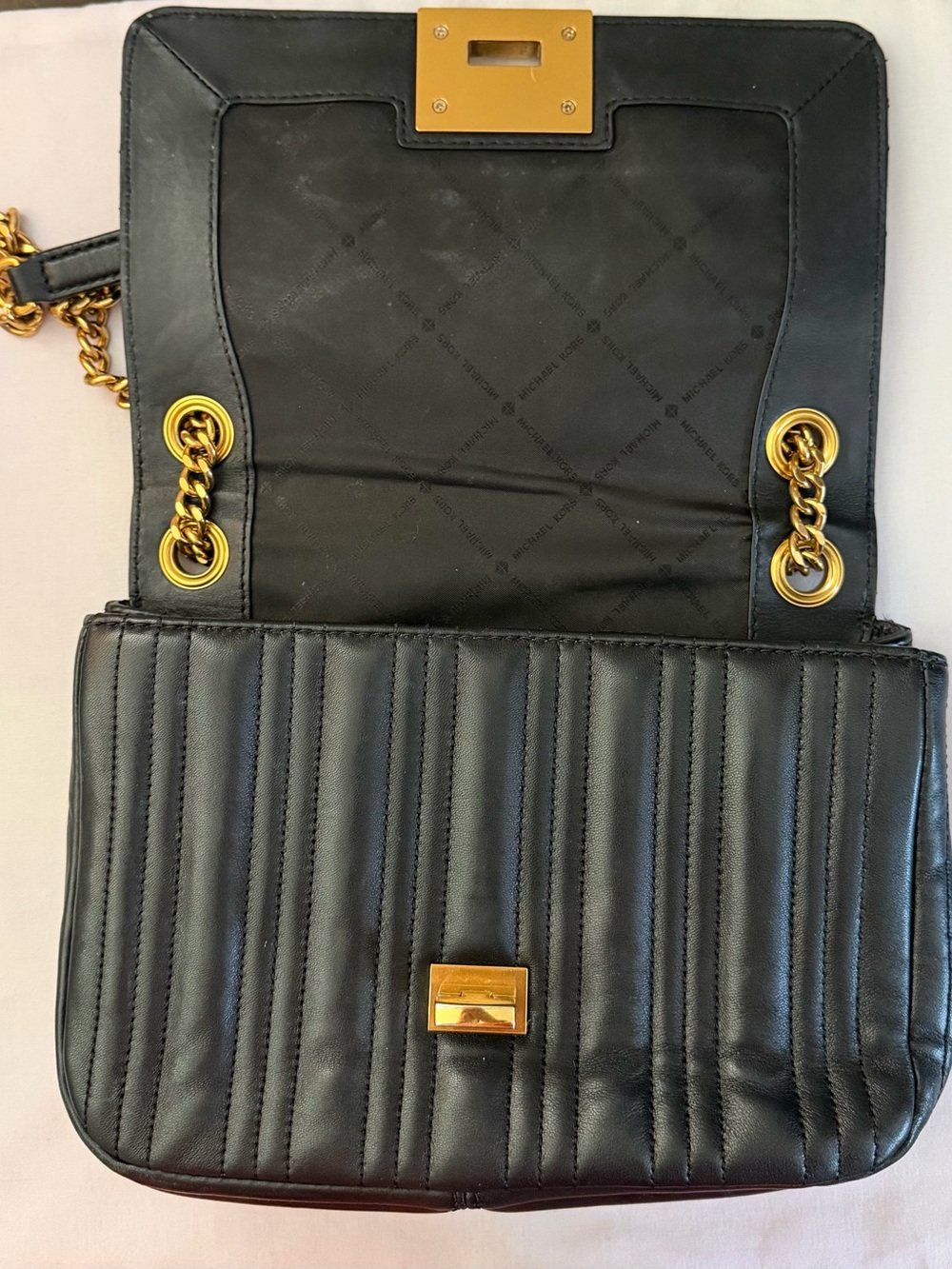 Michael Kors Black Quilted Floral Leather Chain Shoulder Bag Gold Medium - Picture 4 of 7